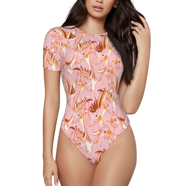 Saiise Grenouillère à Manches Courtes pour Femmes Motif Cacatoès Rose Col Rond Pyjama Justaucorps Extensible avec Fermeture à Pression-Moyen