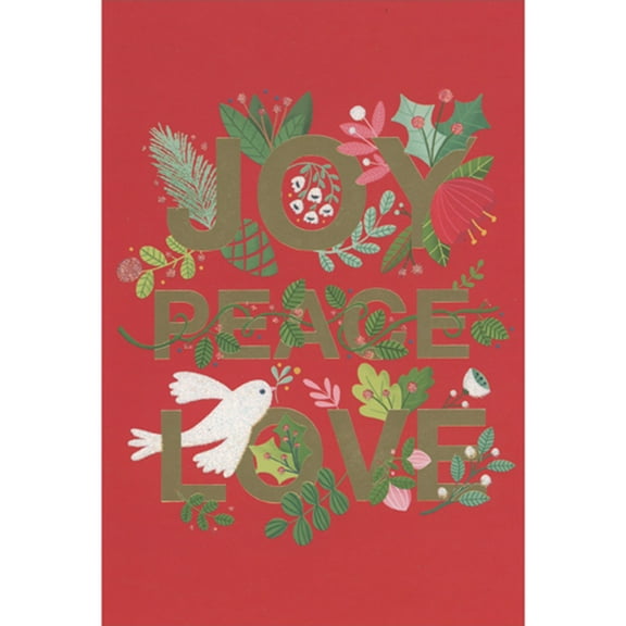 Pictura Gold Foil Joy, Peace and Love on Red with Sparkling White Dove Christmas Card