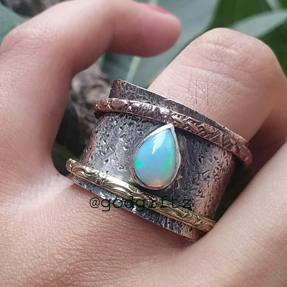 Hammered Ring Ethiopian Opal Ring, Handicraft Spinning Ring, 925 Sterling Silver Ring, Two Band Spinning With Opal Pear Cabs Ring For Women