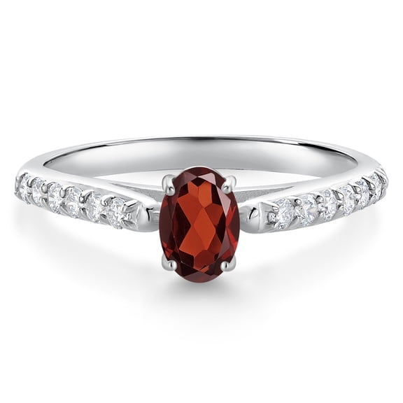 Gem Stone King 10K White Gold Red Garnet and White Lab Grown Diamond Engagement Ring for Women (0.75 Cttw, Oval 6X4MM, Gemstone January Birthstone, Size 7)