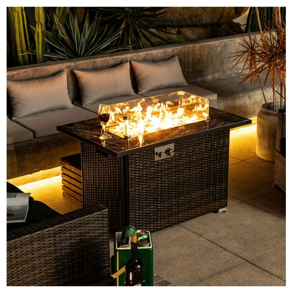 44" Rectangular Propane Gas Fire Pit Table, 50,000 BTU, Tile Top with Wicker Base, Outdoor Patio, Garden Fireplace, Espresso