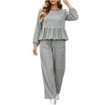 thumbnail image 3 of DYTTDG Women's Plaid Print 2-Piece Outfit Set | Long-Sleeve Crew-Neck Ruffle-Hem Top & Elastic Drawstring-Waist Pocket Wide-Leg Pants for Daily Casual Wear, 3 of 8