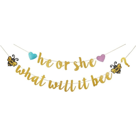 He Or She What Will It Bee Banner, Gold Paper Sign For Gender Reveal Party, Bumble Bee Themed Baby Shower Party Bunting Garlands, Baby Kids First Birthday Party Decorations Props