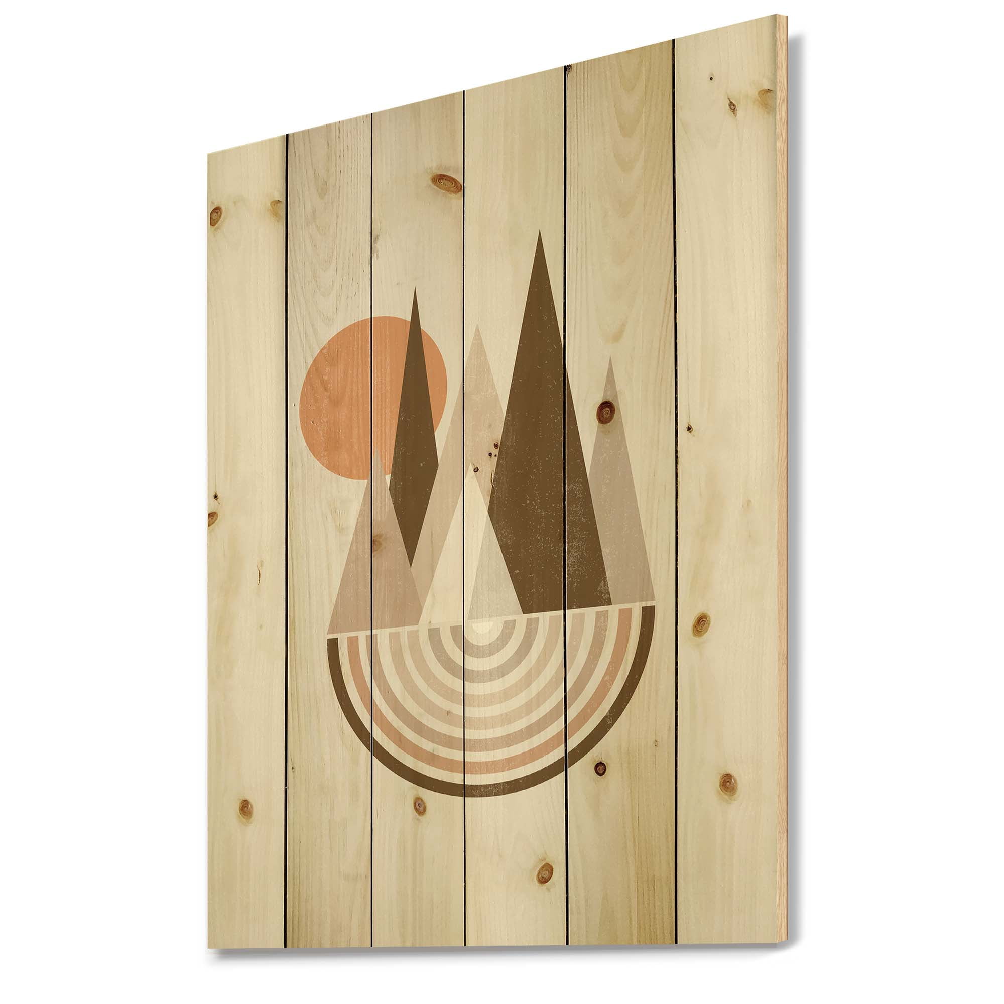 Designart 'Minimalistic Red Full moon Landscape With Mountain' Modern Print on Natural Pine Wood