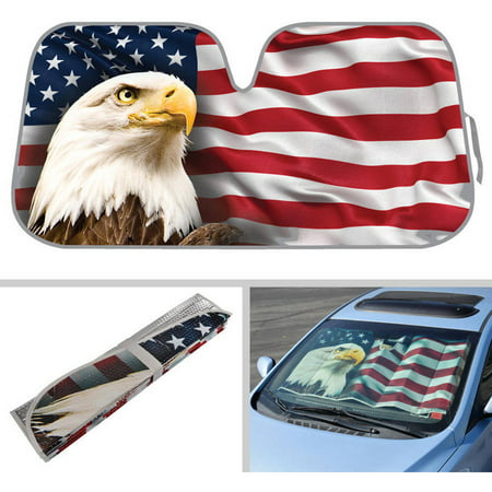 BDK USA Eagle Flag Design Auto Auto Shade for Car SUV Truck, Stars and Stripes, Bubble Foil Jumbo Folding Accordion for
