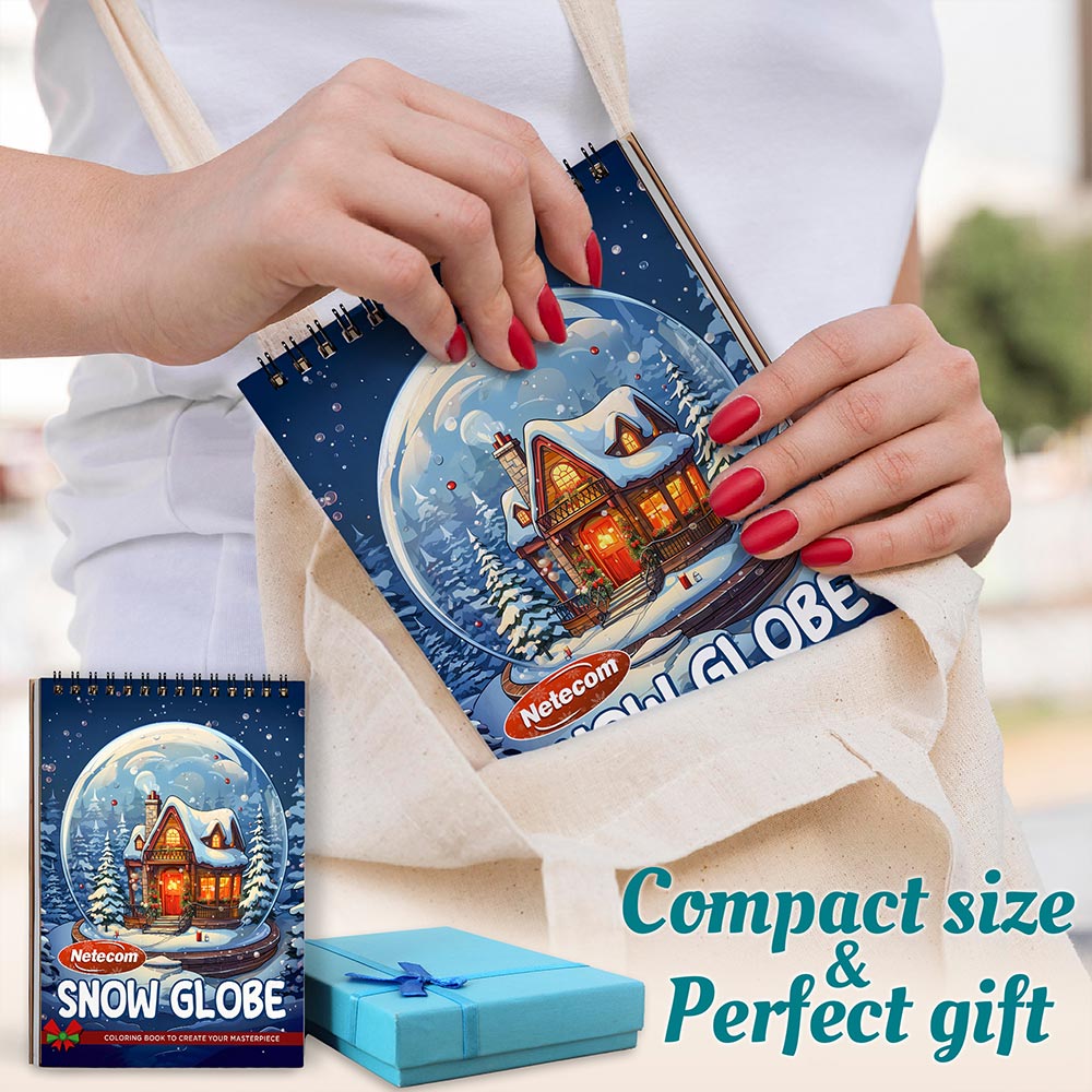 Netecom Snow Globe Coloring Book Spiral Bound for Adults, A5 Wooden Cover, 30 Charming Coloring Pages of Festive Holiday Landscapes for Stress Relief and Relaxation