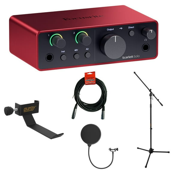 Focusrite Scarlett Solo USB-C Audio Interface (4th Generation) with Clamp On Headphone Holder, Tripod Mic Stand   Boom, Kellopy Pop Filter & XLR Cable Bundle