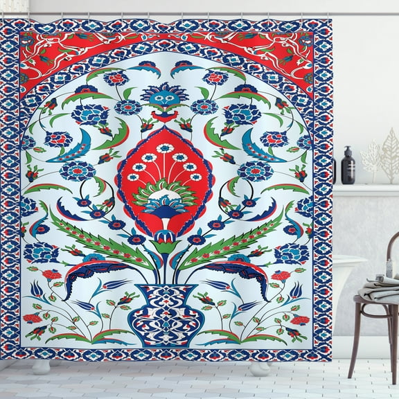 Ambesonne Turkish Pattern Shower Curtain, Plant in a Vase, 69"Wx70"L, Blue Green Scarlet