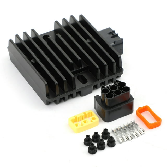 regulador de voltaje para yamaha royal star 1300 v star 1100 yzf-r6 4xy-81960-00-00 3/4 frontal de rectificador regulador negro con aletas disipadoras, con conector de 6 clavijas y kit de sellos, terminales y arandelas en primer plano; medidas aproximadas 93 × 101 × 28 mm, reemplazo plug-and-play compatible con modelos Yamaha indicados; a menudo usado como repuesto directo en sistemas de carga de motocicletas.