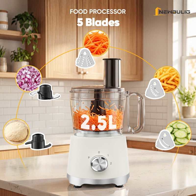 Gianna Food Processors 10.5 Cup, Vegetable Chopper with 5 Blades, 3 Modes Food Processor, Large Capacity, Dishwasher Safe, Stainless Steel Blades, for Smoothie, Fruit, Dough，White