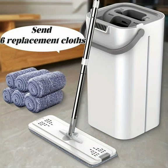 Flat Mop and Bucket Set with Hands-Free Wringer, Wet Dry Floor Mop, 6 Pads, White