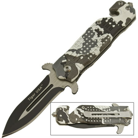 Assisted Opening Knife with Belt Cutter and Window Breaker - Black & White Camo