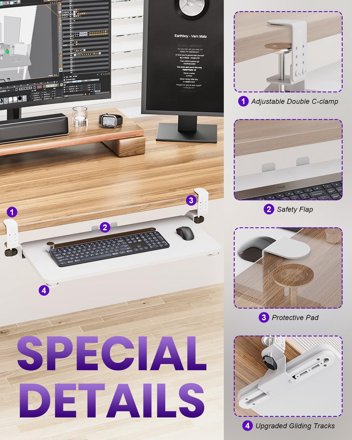 Mouse & Tray Under Desk  Pull Out With Adjustable C-clamp 20 (25.9 Including Clamps) X 11.8 Inch Slide Computer Drawer For Typing White