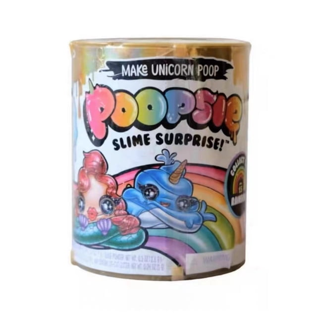 original poopsie slime surprise sparkly critters cutie tooties lindo arcoíris sorpresa muñeca slime smash fantasy friends juguetes para niñas — Lata cilíndrica frontal con logo Poopsie y la frase 'Make Unicorn Poop', ilustraciones de dos sparkly critters con pestañas largas y cuernos de unicornio sobre fondo arcoíris, borde dorado y empaque sellado visible. Además, suele incluir botella coleccionable, polvo para slime y accesorios para transformar el slime.