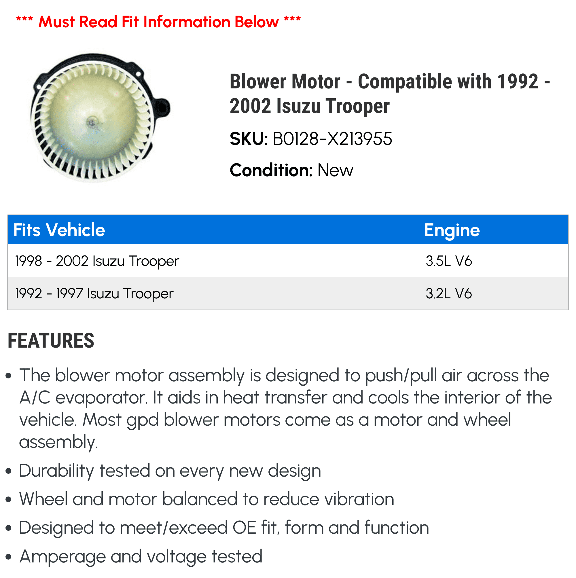Blower Motor - Compatible with 1992 - 2002 Isuzu Trooper 1993 1994 1995 1996 1997 1998 1999 2000 2001