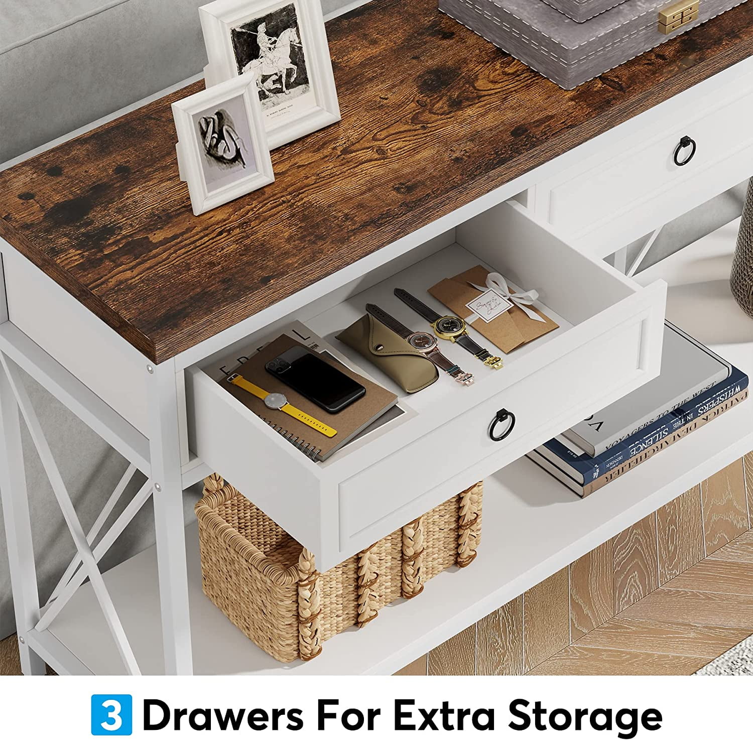 70.8-Inch Console Table with 3 Drawers, Farmhouse Entryway Table with Storage Shelf