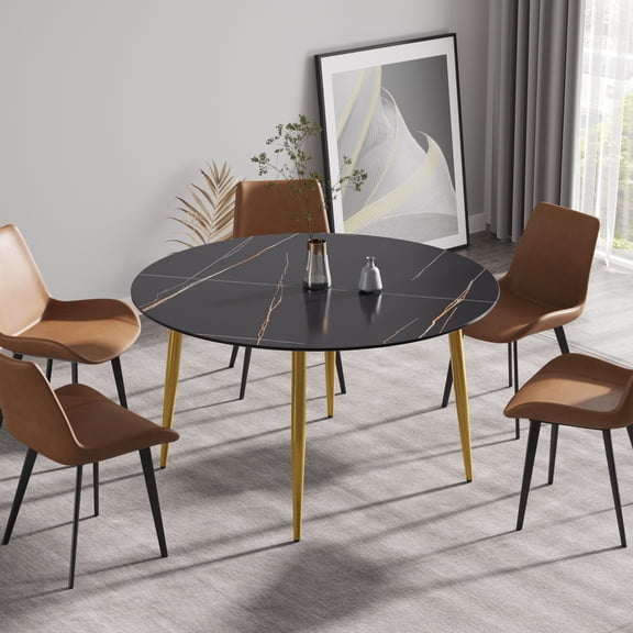 Sintered Stone 52.78" Dining Table With Hard Black Carbon Steel Base - For 6, To Grease And Heat, Simple Cleanse Round & Make, Accommodates Heat Stain Finish