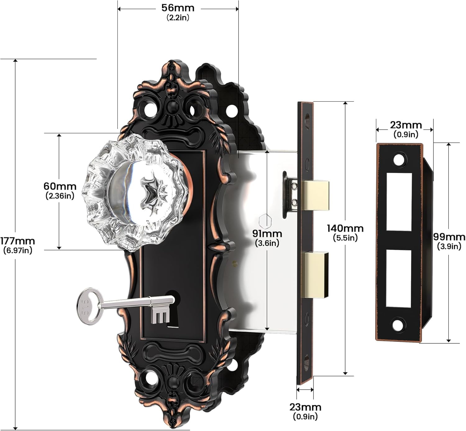 Antique Door Knobs Interior Mortise Lock Oil Rubbed Bronze Door Knob Crystal Glass Door Handle Vintage Skeleton Key Door Locks for Bedrooms Bathroom