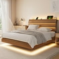 thumbnail image 1 of Honfach Full Floating Bed Frame with LED Lights & Charging Station, Platform Bed with Wooden Storage Headboard, Steel Slats Support, No Box Spring Needed, Easy Assembly, Noise-Free,Walnut, 1 of 8