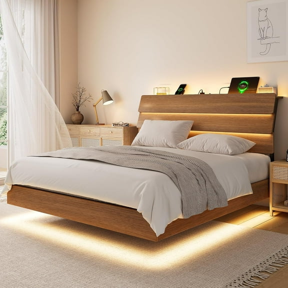 Galnfu Floating Full Size Bed Frame with LED Light and USB Port Charging Station, Platform Bed with Wooden Storage Headboard, Sturdy Steel Slats,Easy to Assemble, Walnut