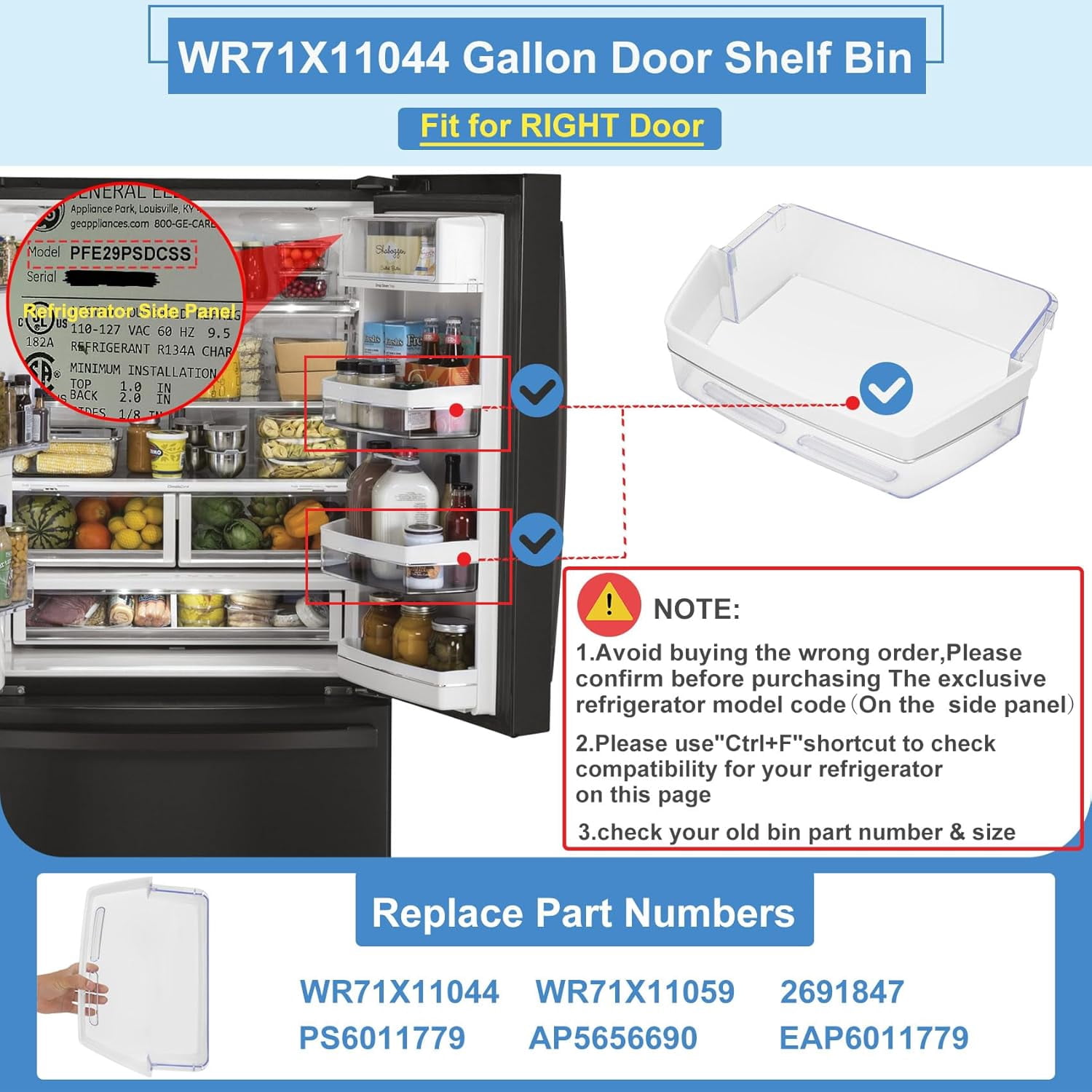 DanYee WR71X11044 WR71X11059 Refrigerator Door Shelf Bin (Right Side) ,Compatible with GE Refrigerator Replacement Shelves Replaces PS6011779, AP5656690, 2691847, EAP6011779 Refrigerator Parts