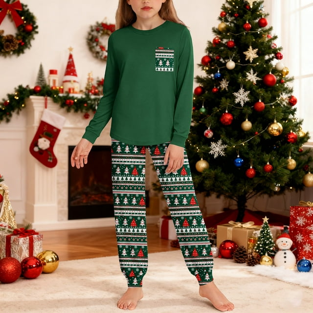 Conjuntos de blusa y camisa de manga larga con cuello redondo para niños y niñas de 5 a 14 años con estampado y bolsillo. Conjunto de top y pantalón de manga larga.