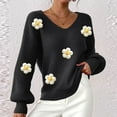 thumbnail image 2 of Cute Sweaters for Women Flowers Applique V Neck Comfy Knit Pullover Tops Long Sleeve Casual Trendy Fall Clothes (M, Black), 2 of 7