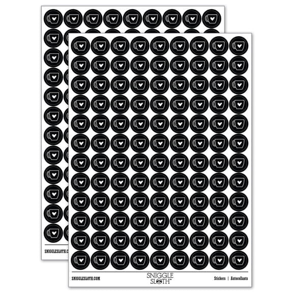Coffee Love Mug Cup Outline 200  Round Stickers - Black - Gloss Finish - 0.50" Size