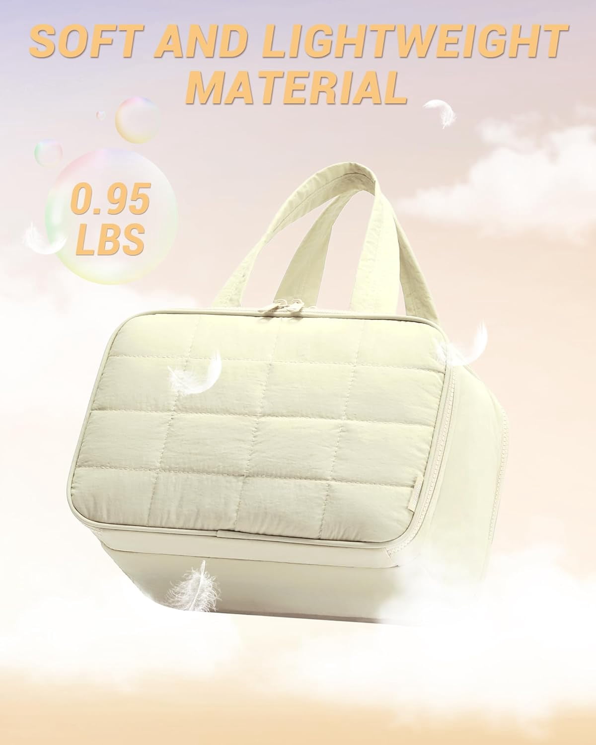 Travel Toiletry Bag, Puffy Wide-open Quilted Makeup Bag for Women,Lightweight Cosmetic Travel Bag Organizer with Handle for Traveling, Accessories, Essentials Toiletries Beige