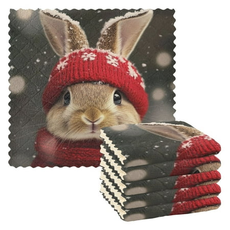 

6 Pieces of Kitchen Towels 11x11Inch Kitchen Dish Cloths Kitchen Dish Towels Reuseable Cleaning Cloths Little Red Christmas Rabbit