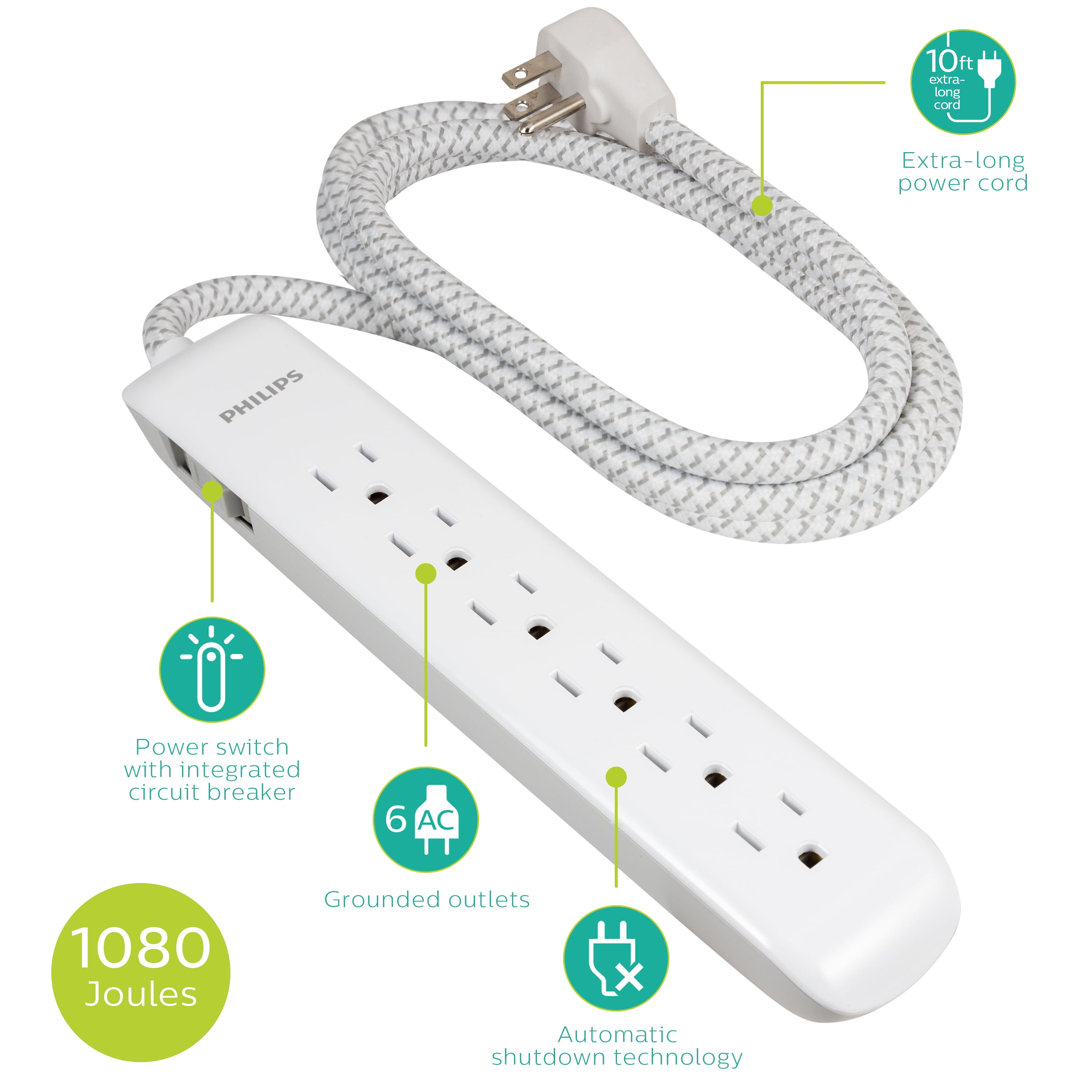 Philips 6-Outlet Surge Protector, 10ft Braided Cord, 1080J, White