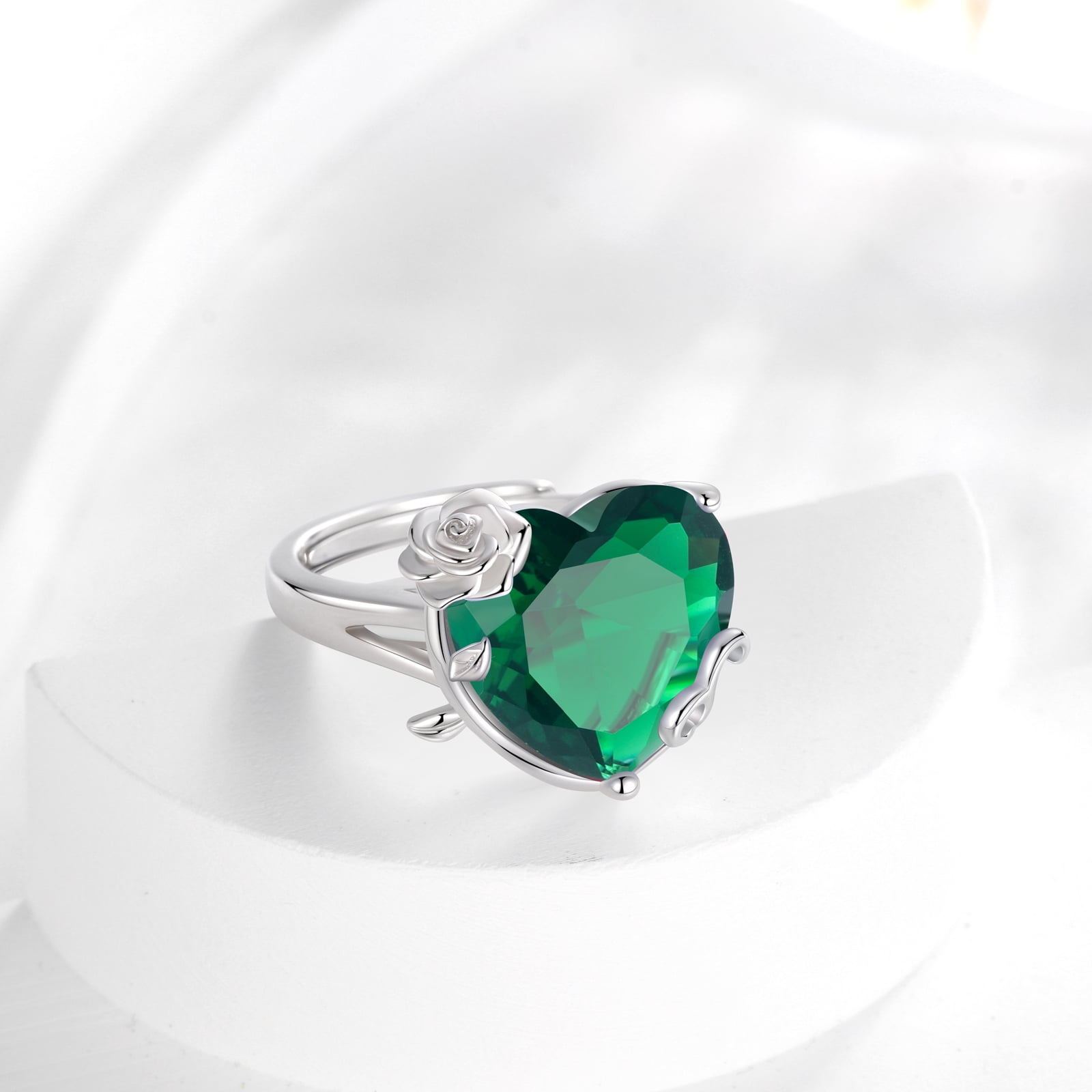 Juwaliy 9Ct Women Heart Ring 925 Sterling Silver Rose Flower May Birthstone Emerald Green Solitaire Ring Jewelry Birthday Mother's Day Gift