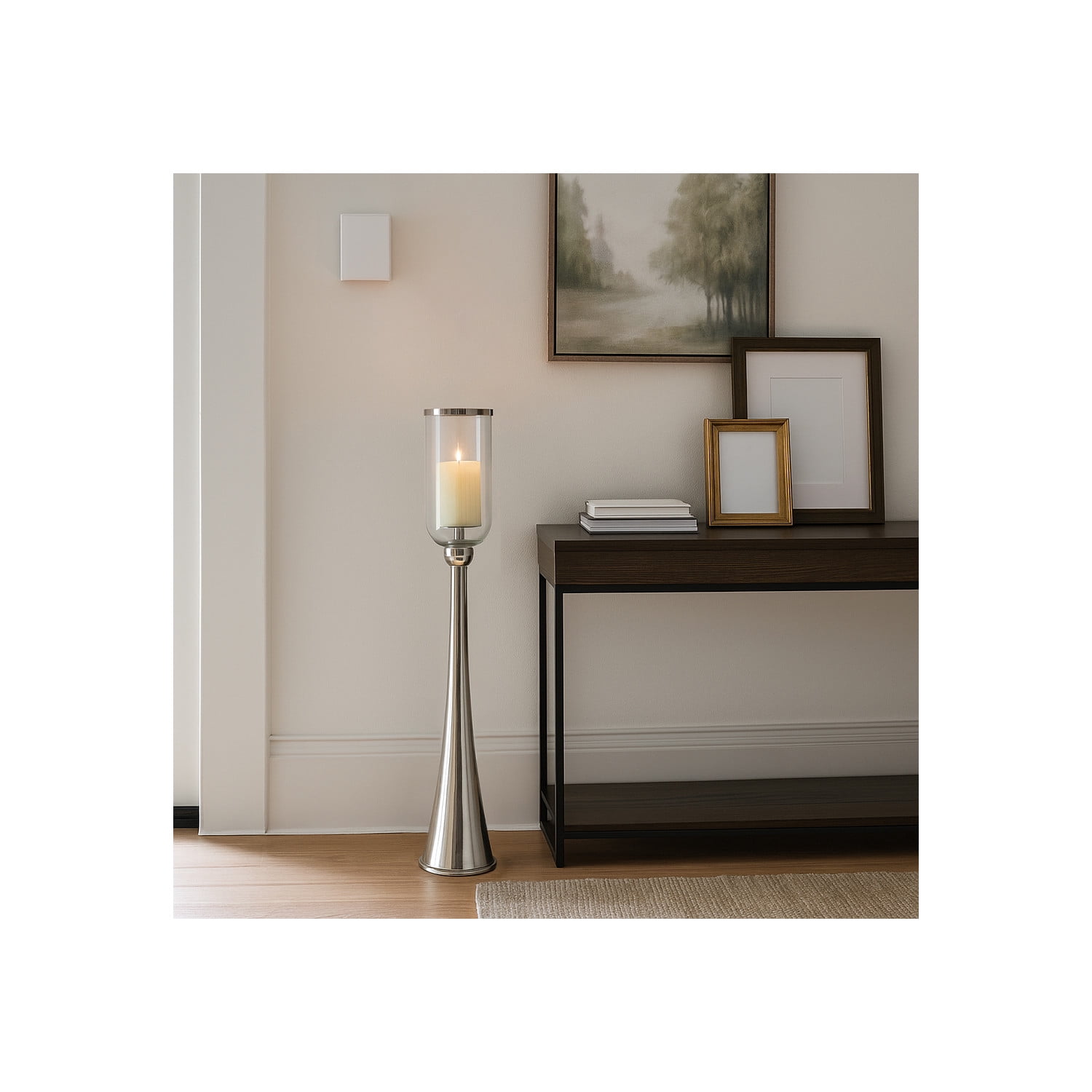 Elegant Glass Hurricane Candle Holder for Home Decor - Decorative Tall Pillar Candlestick Holder for Table Centerpieces - Stylish Living Room Decor, Entryway, and Hallway Accent - 43", Silver
