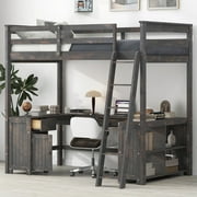 Bellemave Full Size Loft Bed with U-shaped Desk,Wood Loft Bed Frame for Kids Teens with Drawers and Storage Shelves,No Box Spring Needed(Antique Brown)