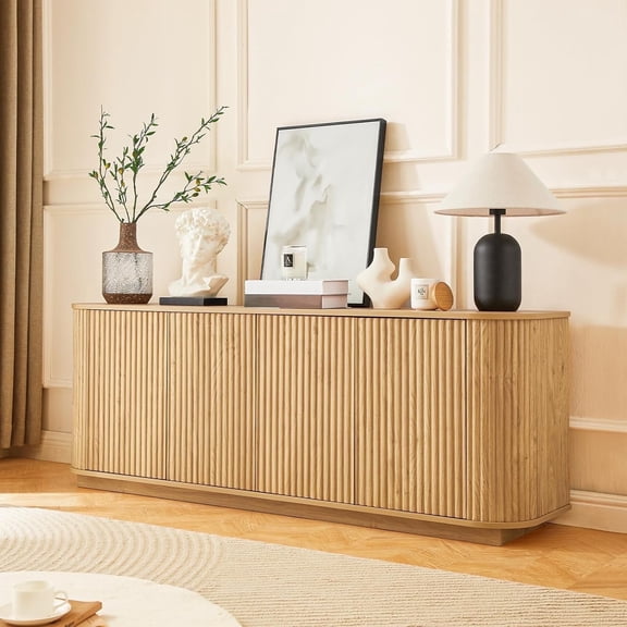 UZUGUL 4-Door Fluted TV Stand, Wood Color, Handle-less, Wave Groove, Adjustable Shelf, Modern