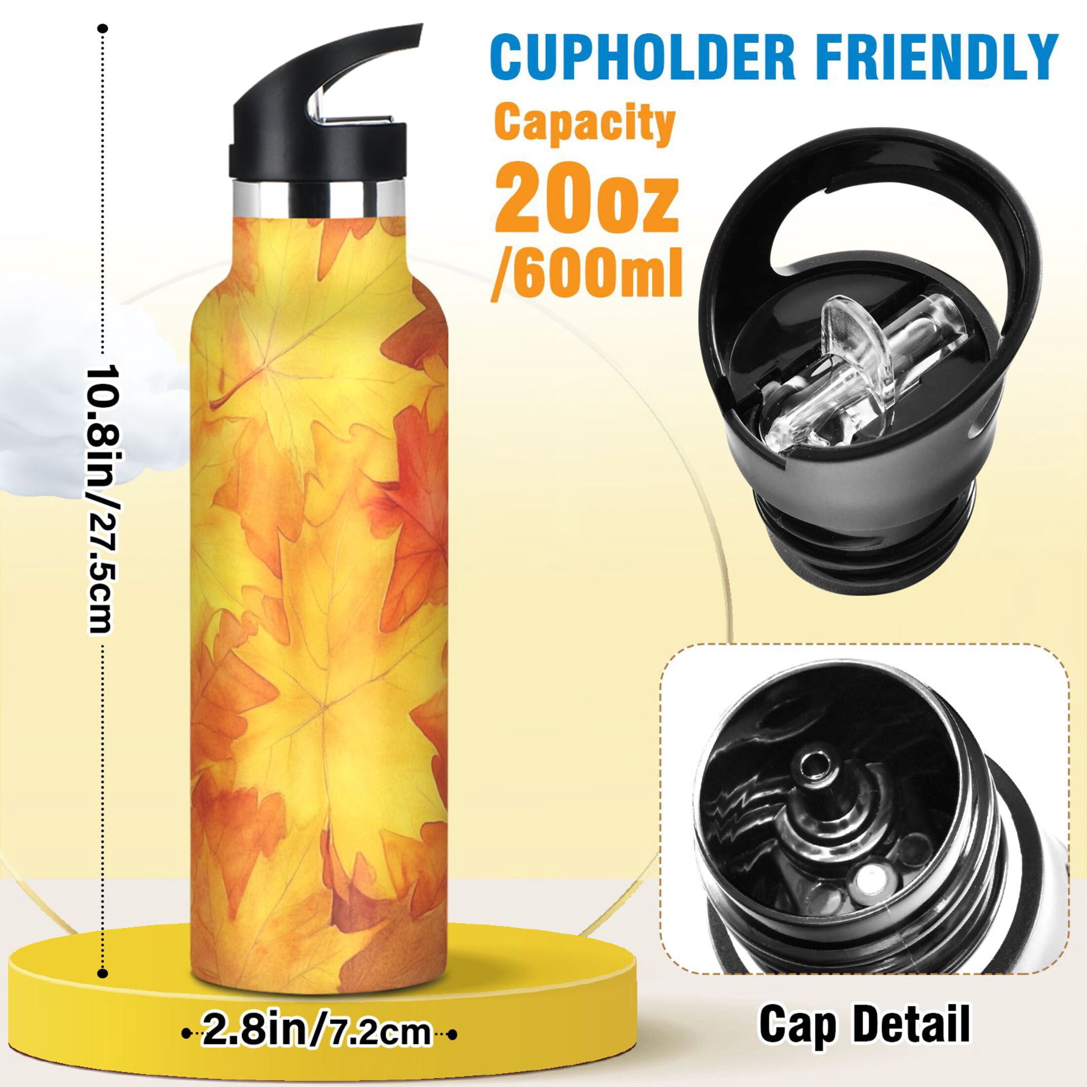 Kids Insulated Stainless Steel Sports Water Bottle 600ml (20oz) Orange Maple Leaves