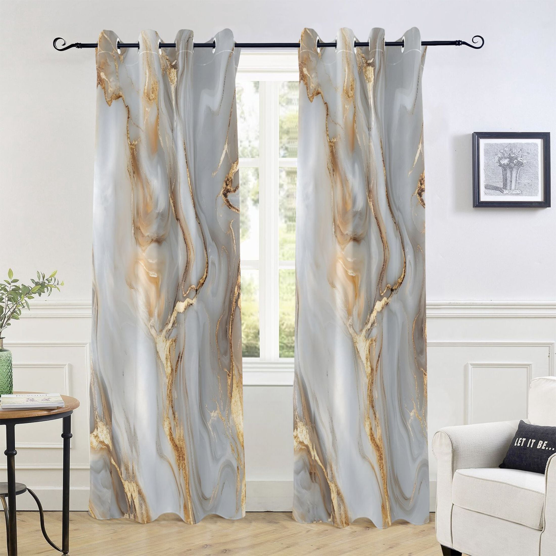 White Gold Marble Blackout Curtains 84"x42" Thermal Insulated Curtain 1 Panel