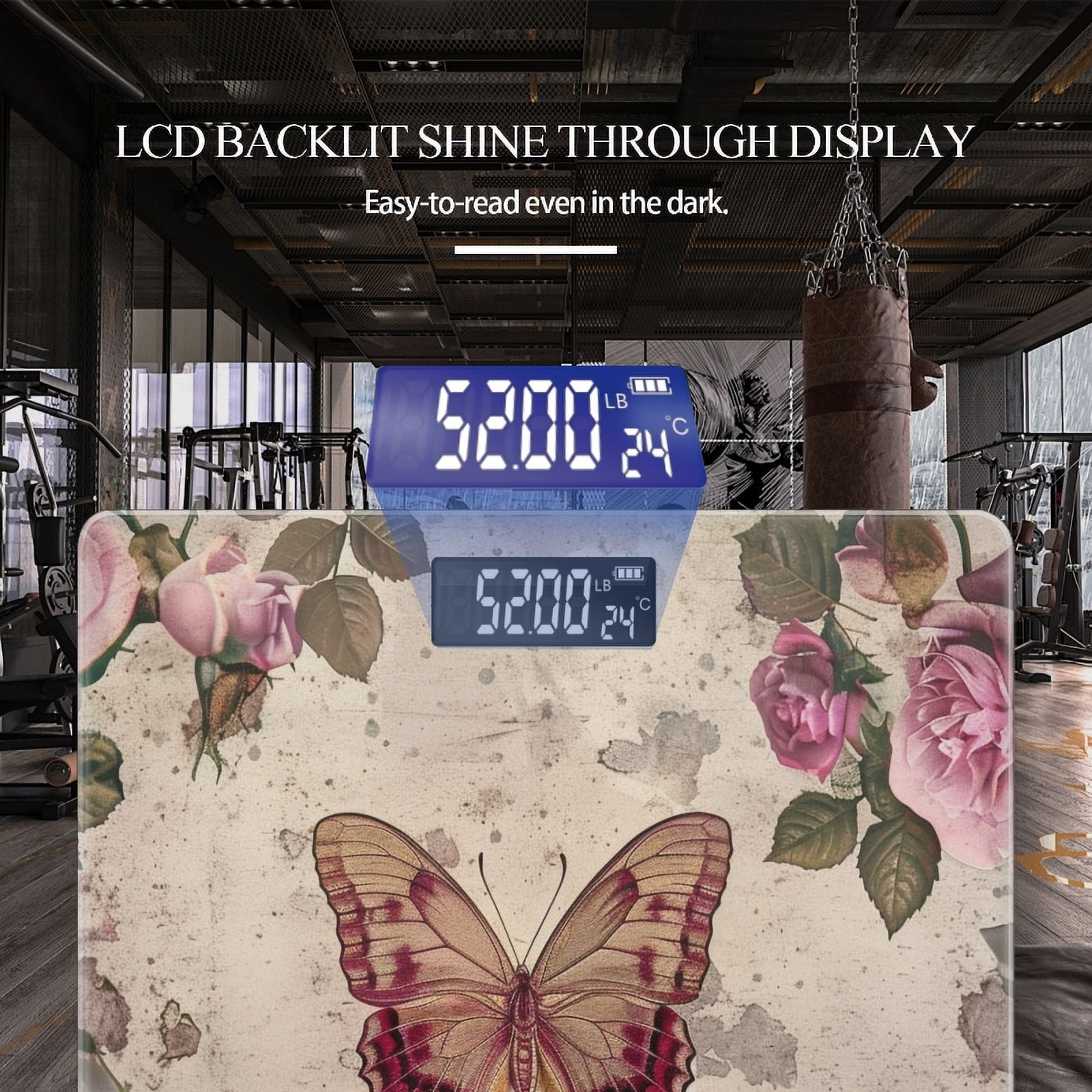 High Precision Body Weight Scale Smart Bathroom Scales with Large LCD Display(400lbs),Decorative for Bedroom-Butterfly Surrounded By Pink Roses On Vintage Background