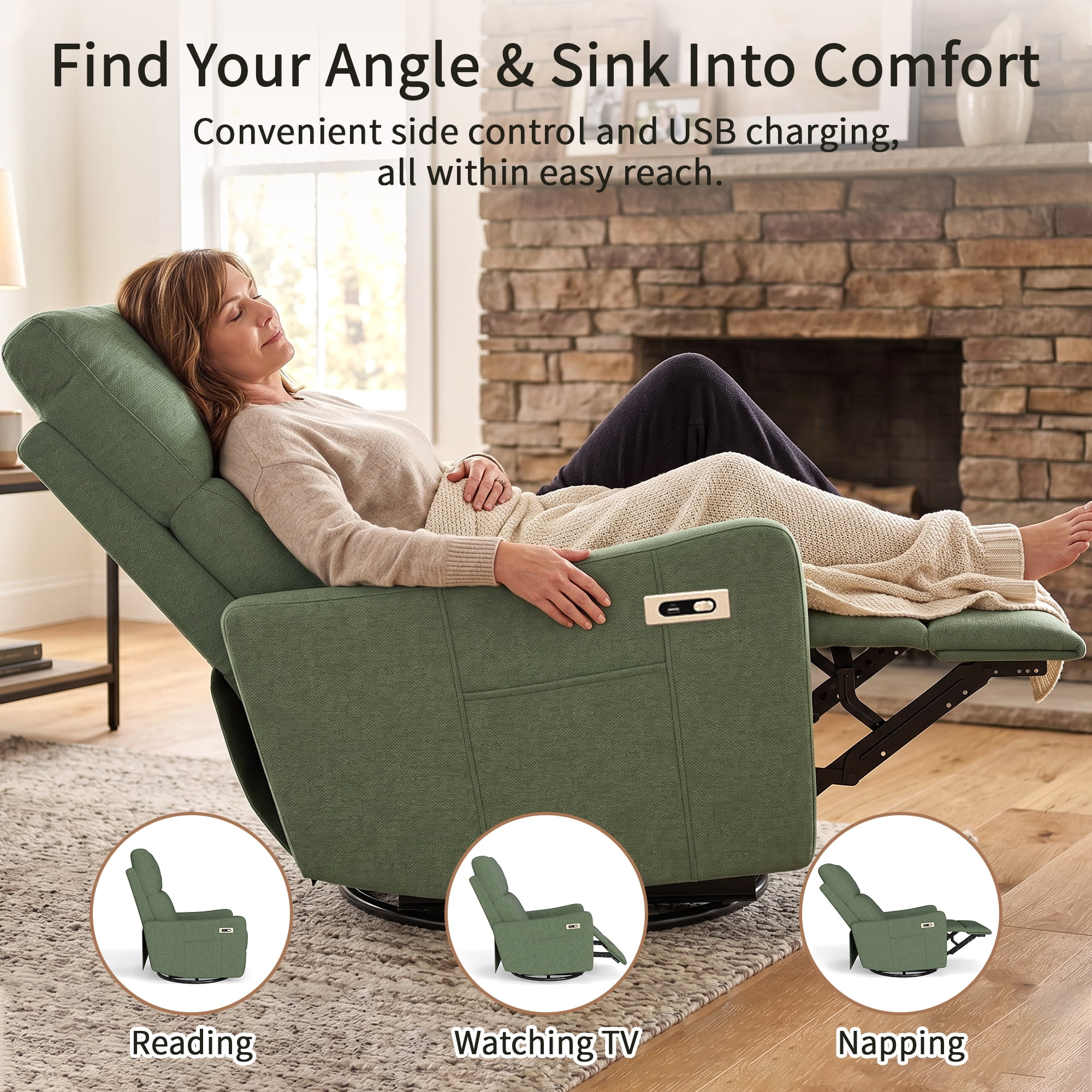 Leumius Swivel Recliner Chair,270° Swivel Rocker Chair for Adults,Small Rocking Recliner for Small Spaces, Upholstered Fabric Glider Recliner Nursery,Living Room Chair,Theater SeatingDark Green
