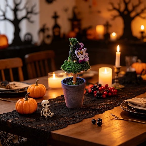 WOHSAO Halloween Witch Hat Topiary Plant With Pot Halloween Potted Decor Spooky Tabletop Ornament, Cute Witch Themed Mini Moss Trees For Halloween Home Party Decor, Holiday Gift For Family