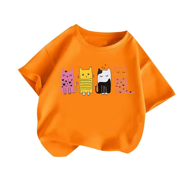 T-Shirts pour Filles Manches Courtes Animaux Graphiques Col Rond Dessin Animé Décontracté Coton T-Shirt Enfants Hauts d'Été Vêtements Orange 10-12 Ans