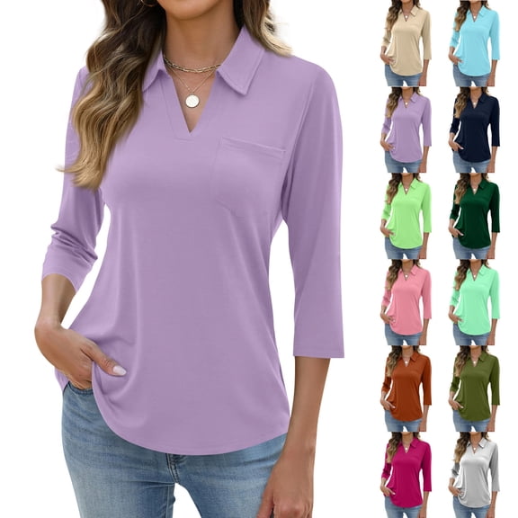 Summer Shirts for Women 2026 Trendy 3/4 Sleeve V Neck Solid Elegant Tops Going Out Collar Spring Blouse Gift Shirts Light Purple XXL