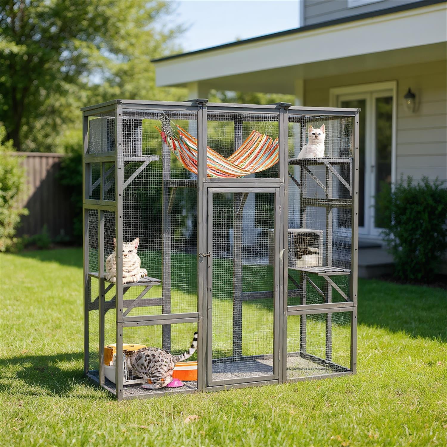 Pefilos 70" Outdoor Wood Cat House, Catio Kitty Enclosure Large Cat Cage Condo Playpen with Platforms and Small House, Gray