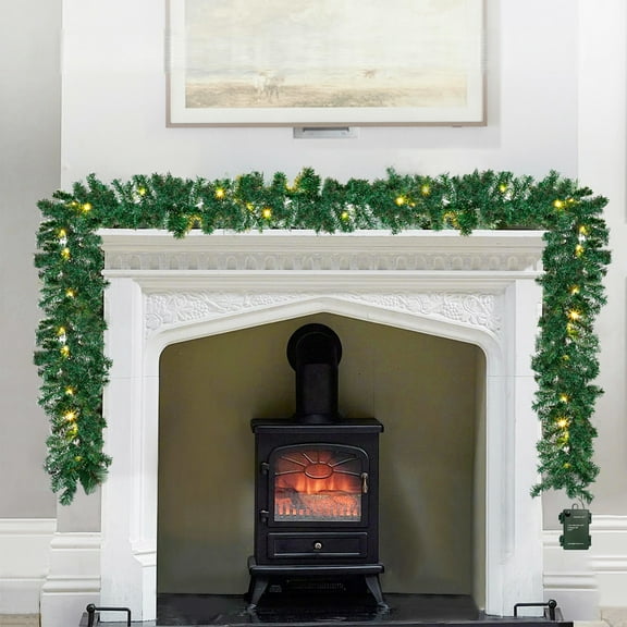 10ft Pre-Lit Artificial Christmas Garland with Warm White LEDs for Staircase Mantle Outdoor Xmas Decoration