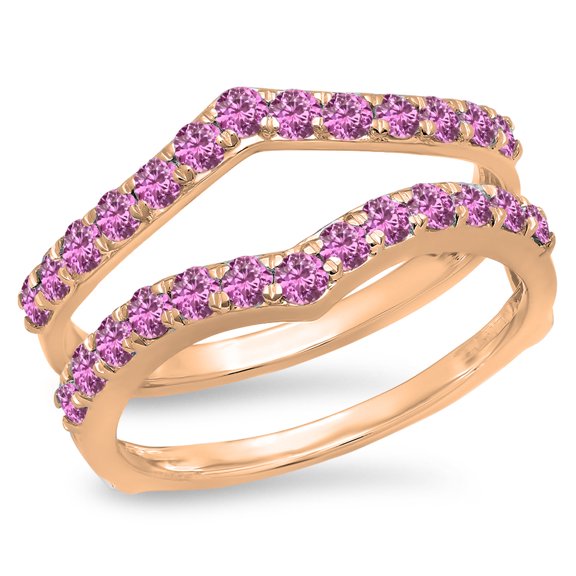 0.95 Carat (ctw) 18K Rose Gold Round Pink Sapphire Ladies Anniversary Wedding Band Enhancer Guard Double Ring 1 CT