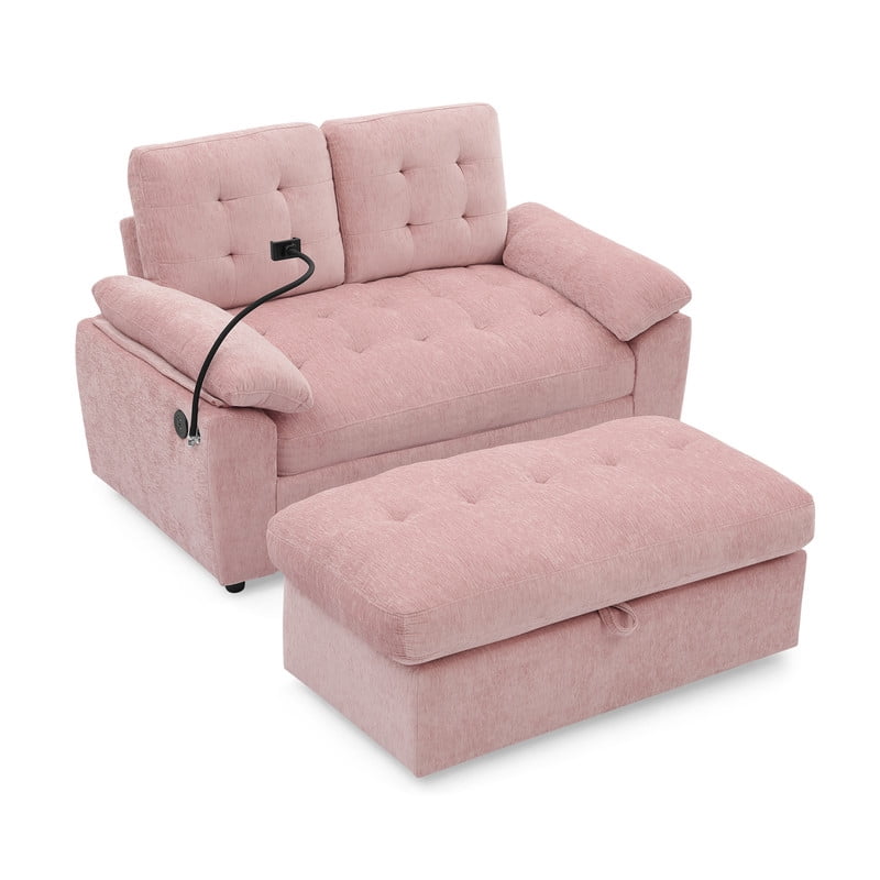 Double Sofa Recliner with Storage Ottoman, Manual Adjustable Reclining Loveseat with USB Charging Port, Phone Stand, and Soft Padded Armrests for Living Room, Apartment, and Home Theater