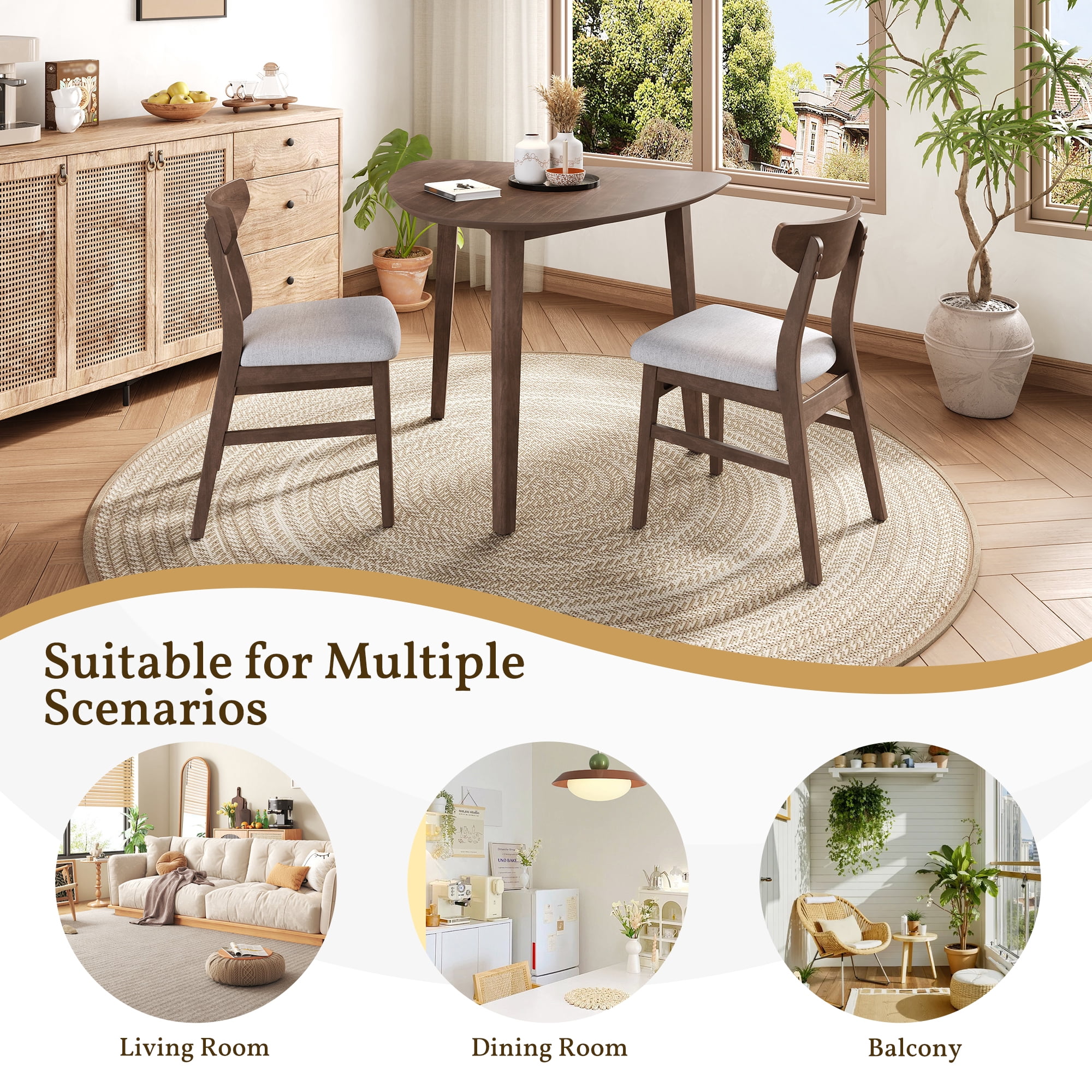 GARITIN 3-Piece Modern Table Set, Triangular Side Table & 2 Curved Wood Chairs, Minimalist Space-Saving Dining Set for Living Room Kitchen Small Space, Brown