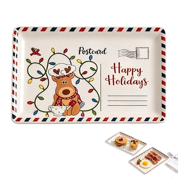 OJSFQUFP Christmas Rectangular Platter Serve Cookies & Festive Treats Ceramic Serving Tray Santa Reindeer Tree Decor Home Table Celebration