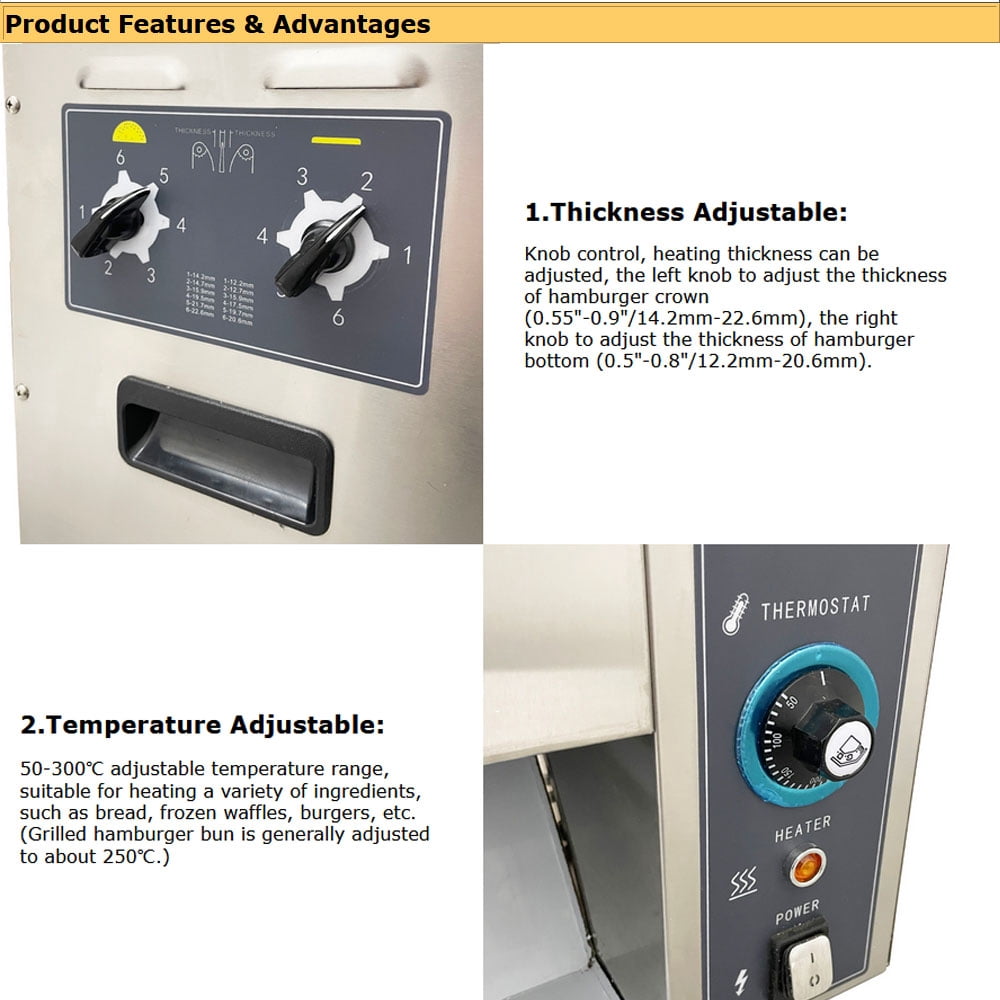 Vertical Hamburger Toasting Machine Commercial Hamburger Toaster Chain Toaster Adjustable Temperature and Thickness