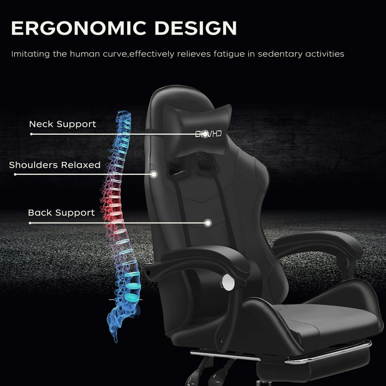 JoooDeee Gaming Chair with Footrest and Ergonomic Lumbar Massage Pillow PU  Leather Office Chair, 360 Swivel, Adjustable Lumbar Support, Headrest Pillow,Padded  Armrests,Black 